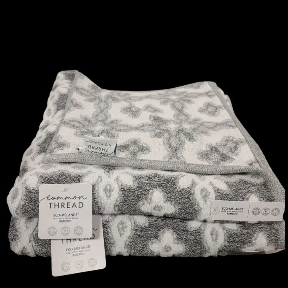 6pc Common Thread Plush Bath Hand Tip Towel Set Gray White Damask Zero Twist New